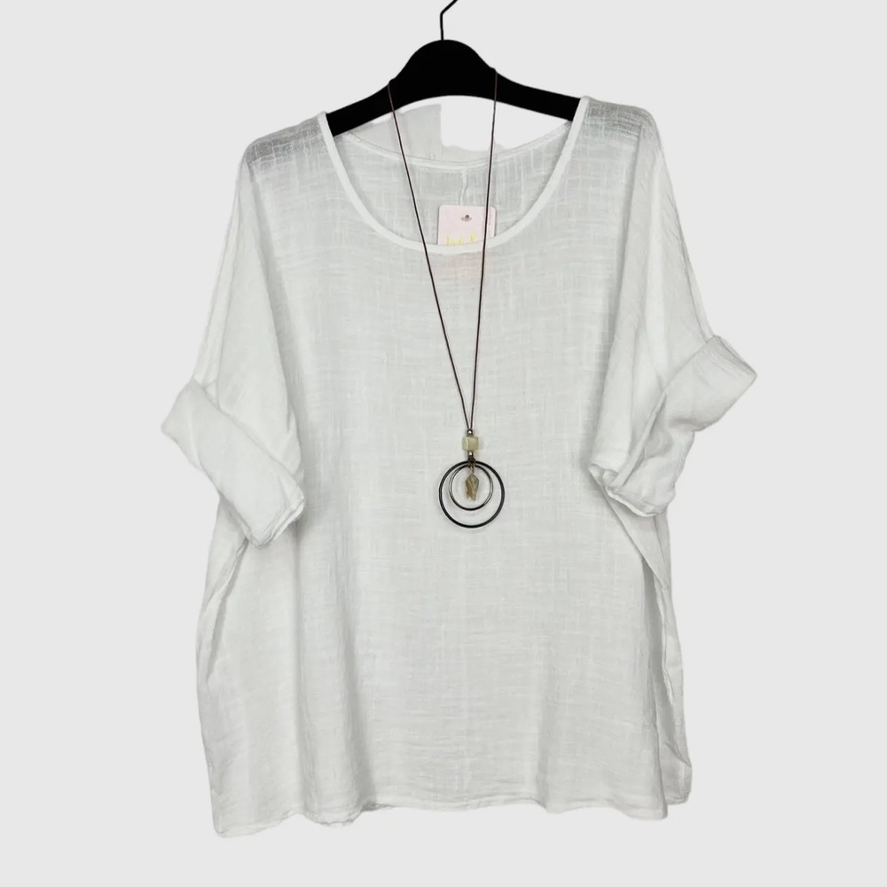 Made in Italy Cotton Linen Tunic Top With Necklace